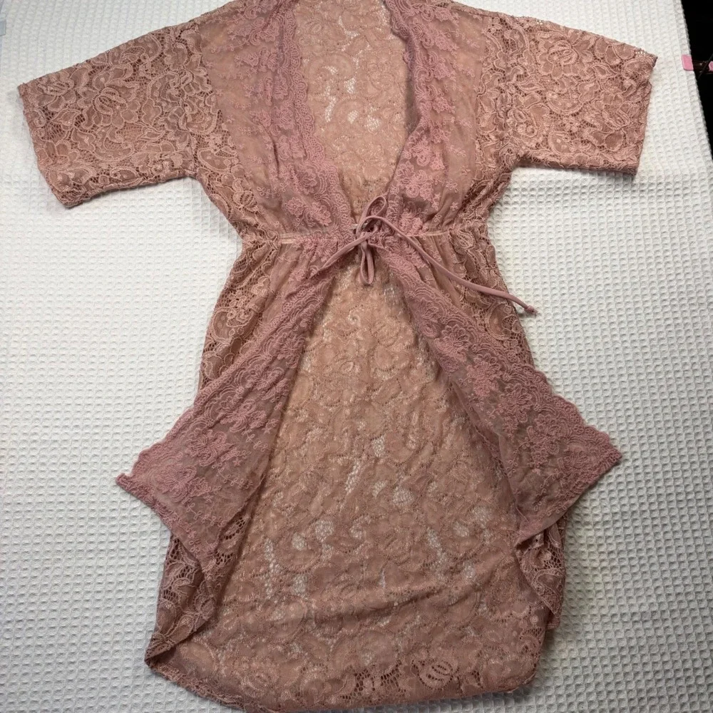 Charlotte Russe Pink Floral Lace Kimono Cardigan Sheer Tie Waist‎ High Low Small